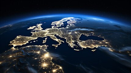 Fototapeta na wymiar Satellite HD Photo: Earth at Night, City Lights Illuminating Europe, Middle East, Turkey, Italy, Black Sea, and Mediterranean Sea