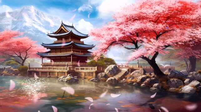 Anime background chinese temple in autumn or japanese temple in autumn with cherry blossom tree sakura