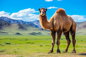 Bactrian Camel Walking in the Steppes of Mongolia. East Asia Outdoors in Green Desert Landscape. Generative AI
