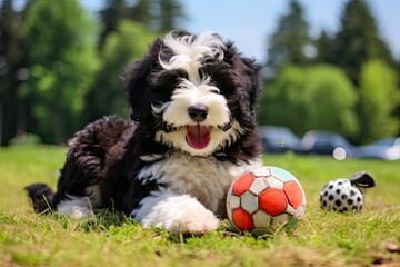 Adorable Sheepadoodle Puppy Playing with Toys and Relaxing in the Grass. Cute Dog with Fluffy Black, Grey and White Fur and Playful Tongue. Generative AI
