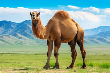 Bactrian Camel Walking the Green Steppes of Mongolia in the East. Generative AI