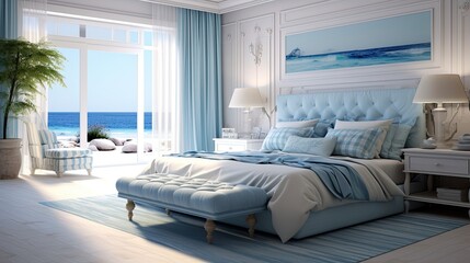 Contemporary Coastal Bedchamber Interior Decor in Blue. 3D Render of a Stylish Coastal Bedroom with Country Decoration. Generative AI