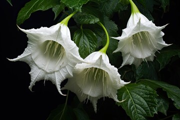 Beautiful White Datura Blossom in the Black Rainforest Canyon - Closeup of Angelic Blooming Flower. Generative AI - obrazy, fototapety, plakaty