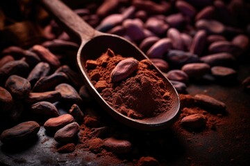 beans and spoon, cocoa powder, cocoa beans and chocolate in a spoon