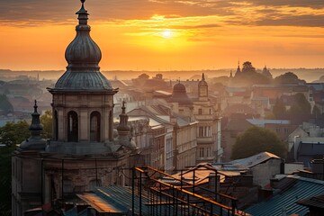 Sunrise Over Lviv Cityscape: Stunning View of Old Towers and Top Landmarks in Ukraine, Europe. Generative AI