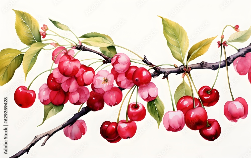 Wall mural beautiful hand drawn watercolor cherry on branch. ink painting fruits. generative ai