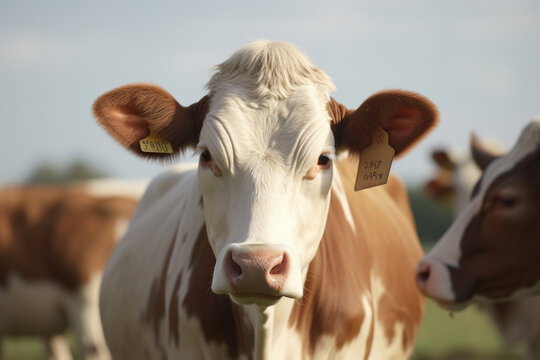Happy cows roaming free on farm meadow. Farm animal welfare and care. Generative Ai