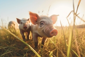 Happy pigs roaming free on farm meadow and mud. Farm animal welfare and care. Generative Ai - 629269621