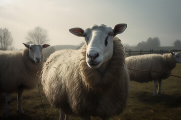 Fototapeta premium Happy sheep roaming free on farm meadow . Farm animal welfare and care. Generative Ai