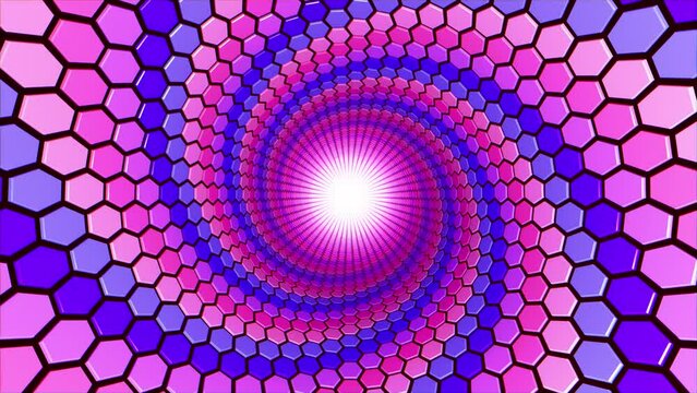 Looping Animation Of A Trippy Endless Spiral Tunnel With Colorful Hexagonal Shapes