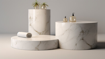 Marble white circular stand for bathroom essentials - spa shampoo, shower gel, and liquid soap. Suitable for showcasing cosmetics. Presented in a frontal view with ample copy space.