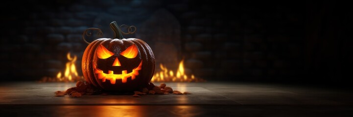 Fototapeta premium Halloween background. Spooky pumpkin with dark forest. Halloween design with copy space, generative ai