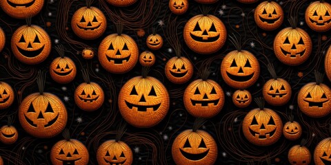 Halloween pumpkins in the style of embroidery ethnic seamless ethnic oriental pattern traditional design for background, carpet, wallpaper, clothing, batik, fabric, generative ai