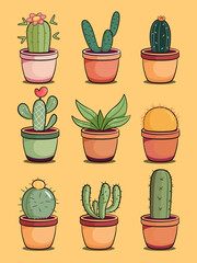 Minimal cute cactus drawing vector collection