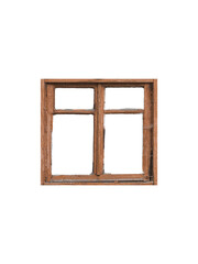 Old brown wooden window frame with two sashes isolated on transparent background.	