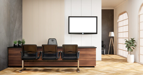 The interior Computer and office tools on desk room muji style interior design.