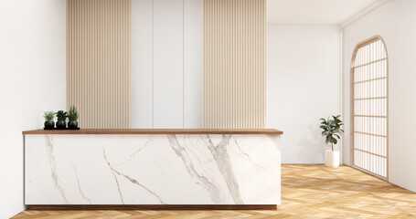 The interior Computer and office tools on desk room muji style interior design.