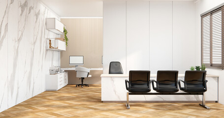 The interior Computer and office tools on desk room muji style interior design.