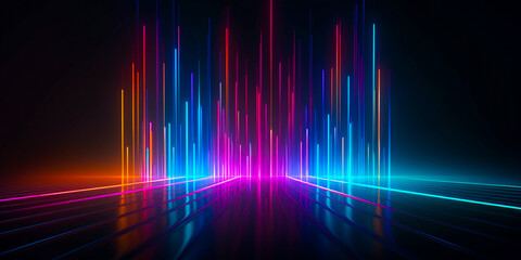 Neon dark stage shows empty room: neon light, spotlights, dark blue, purple, pink background - dance floor for product display in studio, backdrop for photo shooting. Generative AI.