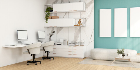 The interior Computer and office tools on desk room muji style interior design.