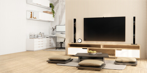 Muji Cabinet wooden design on white room interior modern style.