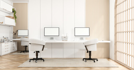 The interior Computer and office tools on desk room muji style interior design.
