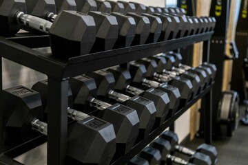 Closeup of dumbbells arranged on a shelf in a gym
