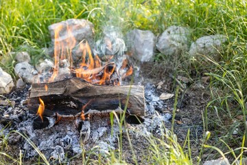 Campfire burning in the field surrounded by green grass and stones