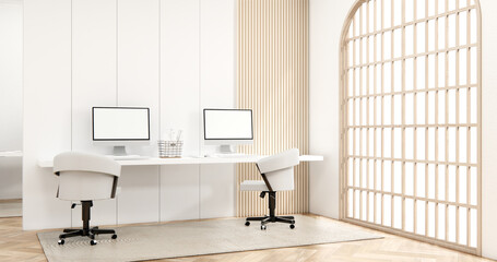 The interior Computer and office tools on desk room muji style interior design.