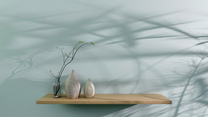 Shelf in front of a blank wall with decoration - scene with shadow as background for presentation