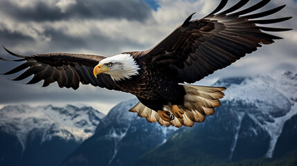 Obraz premium A bald eagle soaring high in the cloudy sky, mountains in the backdrop
