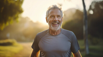 Obraz premium a happy, lively, aged man in his 70s, in athletic gear, jogging in a vibrant park during spring, sunrise lighting