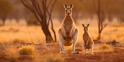 Foto op Canvas A kangaroo family in the Australian outback, warm light, sand and sparse trees © Marco Attano