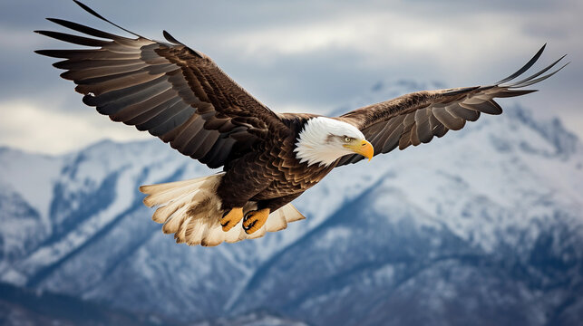 A bald eagle soaring high in the cloudy sky, mountains in the backdrop