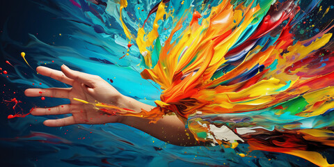 A vivid and dynamic representation of a hand energetically painting on a canvas, richly colored paint splatters flying in the air. Expressive, abstract, in mid - motion, conveying the emotional releas