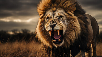 Alpha male lion roaring in the African plains, surrounded by pride, stormy skies, dynamic © Marco Attano
