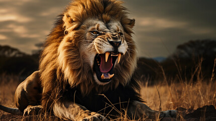 Alpha male lion roaring in the African plains, surrounded by pride, stormy skies, dynamic © Marco Attano