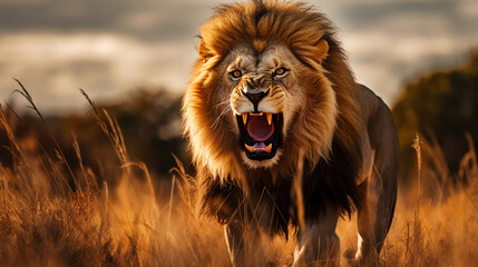 Alpha male lion roaring in the African plains, surrounded by pride, stormy skies, dynamic