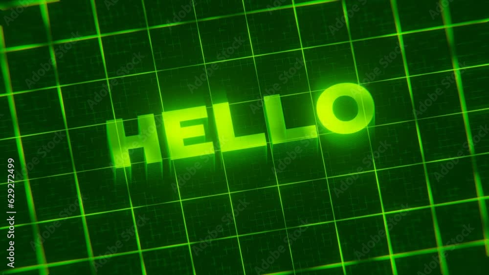 Poster 3d-rendered looping animation of the word hello isolated on a green neon grid