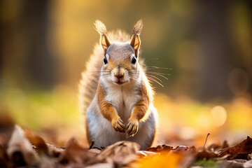 Naklejka na ściany i meble squirrel, closeup, autumn background, crisp details