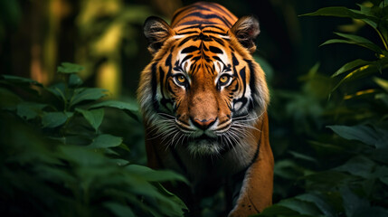 Bengal tiger prowling in a lush jungle, striking orange and black contrast, deep green backdrop
