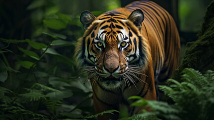 Fototapeta premium Bengal tiger prowling in a lush jungle, striking orange and black contrast, deep green backdrop