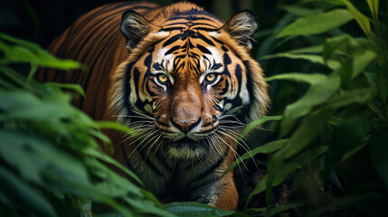 Fototapeta premium Bengal tiger prowling in a lush jungle, striking orange and black contrast, deep green backdrop