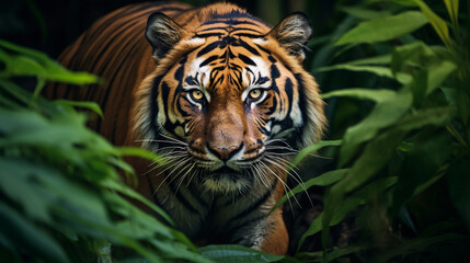 Bengal tiger prowling in a lush jungle, striking orange and black contrast, deep green backdrop