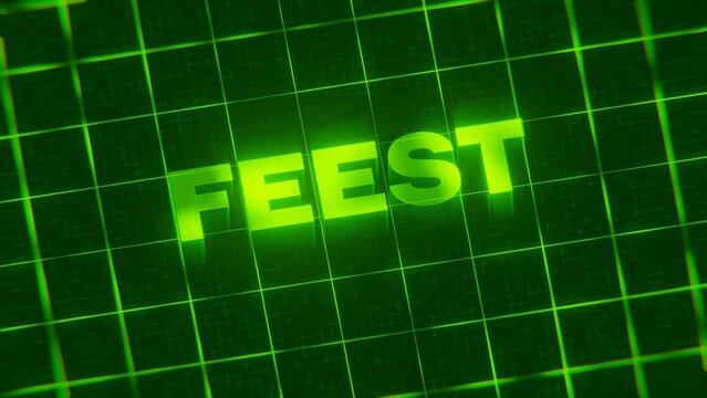 3D rendered animation of the word "FEEST" isolated on the green cyber background