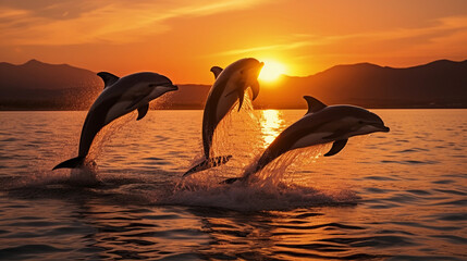 Fototapeta premium Family of playful dolphins jumping out of the ocean at sunset, silhouettes, golden light