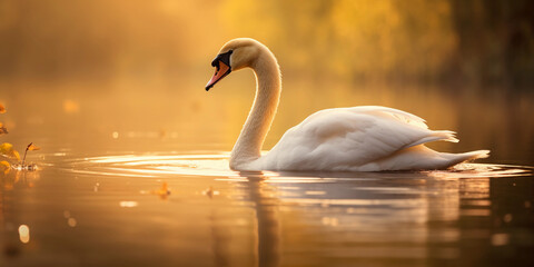 Graceful white swan on a tranquil lake, reflection in water, serene environment