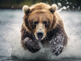 Fototapeta na wymiar Grizzly bear catching salmon in Alaskan river, freeze motion, explosive water splashes, dramatic action
