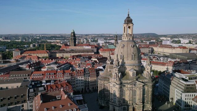Drone aerial footage of spinning around Frauenkirche Dresden and old town of Dresden, Germany.
