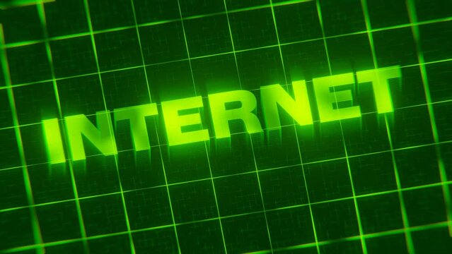 3D-rendered looping animation of the neon word Internet isolated on a green grid